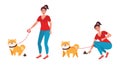 A woman cleans dog excrement of a special shovel. The concept of cleaning feces while walking dogs. Vector illustration of Pets
